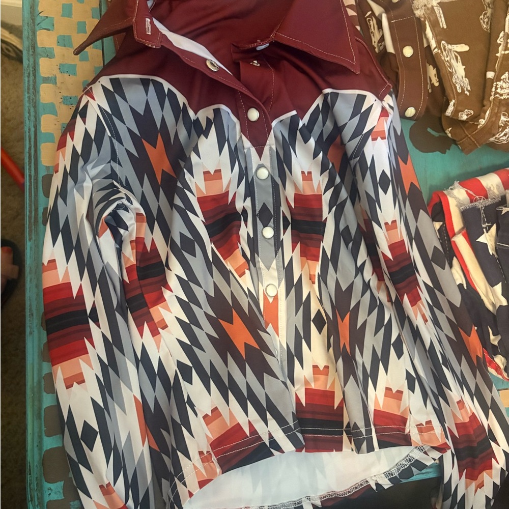 Kids Aztec Print Button-Up Shirt Jacket - Maroon & Navy